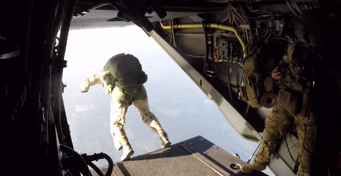 Members of the 21st Special Tactics Squadron perform a military free fall jump on 18 Aug 2016. (Photo from DVIDS video).