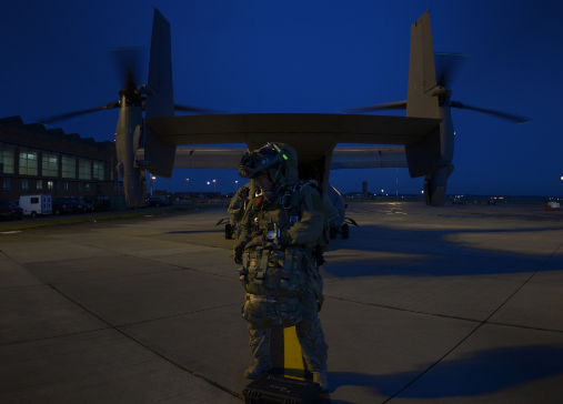 An Air Commando from the 321st STS - Special Tactics Squadron prepares for parachute jump from CV-22 Osprey. (Photo by SSgt Victoria H. Taylor, USAF, 14 Dec 2016).