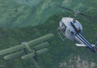 "An Air Combat First". Art displayed at CIA headquarters of CIA operative firing an AK-47 at a North Vietnamese biplane. (Painting by and donated by Keith Woodcoak , 2007).