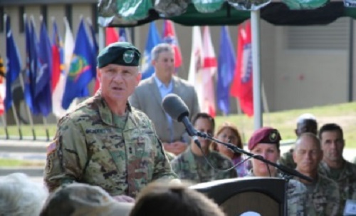 MG Francis Beaudette speaks during ceremony where he assumed command of the 1st Special Forces Command on July 28, 2017 at Fort Bragg, North Carolina (Photo courtesy USASFC).