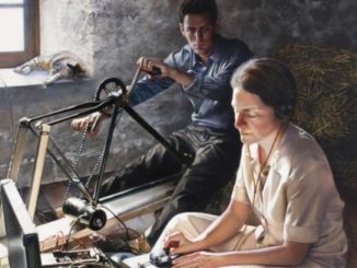 Portrait of Virginia Hall of the OSS in WWII operating a suitcase radio. Painting hangs in the CIA building and is by Jeffrey W. Bass.