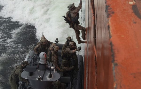 Trojan Footprint UW in Baltic States. U.S. and Danish maritime special operations forces board a ship in the Baltic Sea. Photo by SOCEUR, June 4, 2018.