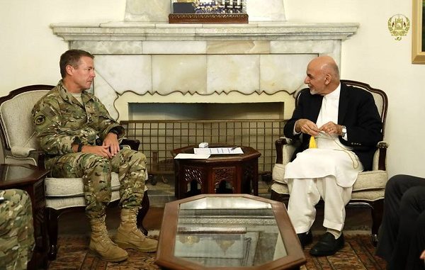 General Scott Miller, commander of the NATO Resolute Support Mission in Afghanistan, meets with Afghan President Ghani in September 2018.