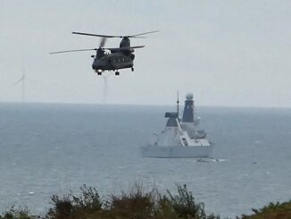 CH-47 “Lifter 1” out bound from HMS Duncan during UK SOF Exercise Chameleon 25-2. (PC)