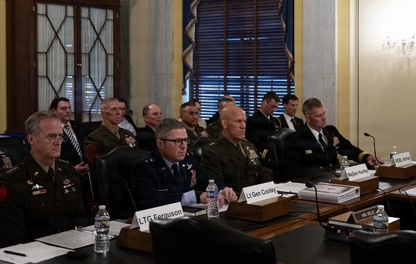 U.S. Air Force Lt. Gen. Michael E. Conley, Commander, Air Force Special Operations Command, Maj. Gen. Peter Huntley, Commander, Marine Forces Special Operations Command, Lt. Gen. Lawrence Ferguson, Commanding General, U.S. Army Special Operations Command and Rear Admiral Walter H. Allman III, Commander, Naval Special Warfare Command, testify during a Senate Armed Services Committee at the Russell Senate Office Building, Washington, D. C., May 12 , 2026. (DoW photo by U.S. Air Force Tech. Sgt. Milton Hamilton)
