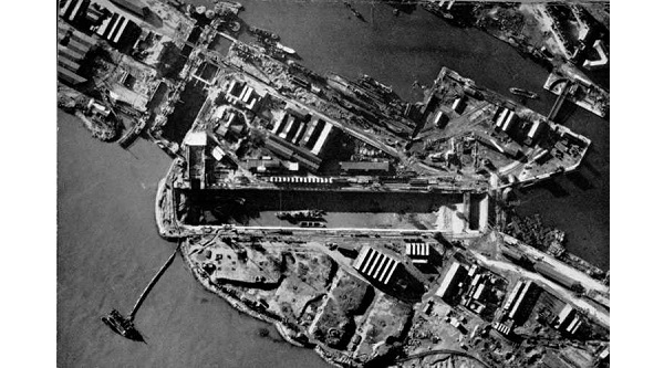 Aerial photo of St. Nazaire dry dock after Operation Chariot (1942)